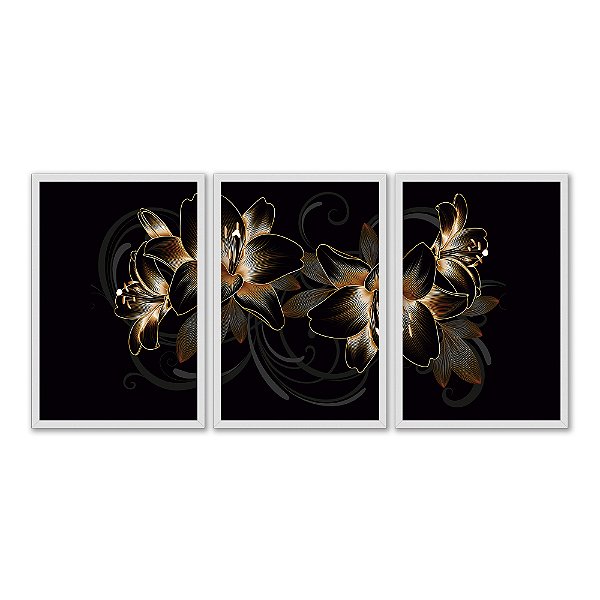 Kit 3 Quadros Decorativos Flores Douradas Fundo Preto Moderno