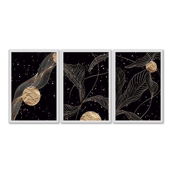 Kit 3 Quadros Decorativos Fundo Preto Pepitas de Ouro Linhas Douradas Abstratos
