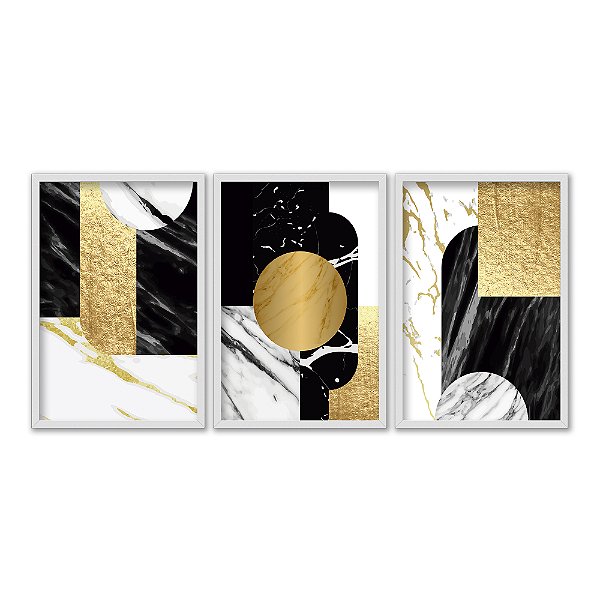 Kit 3 Quadros Decorativos Fundo Mármore Preto E Branco Círculo De Ouro Detalhes Dourados