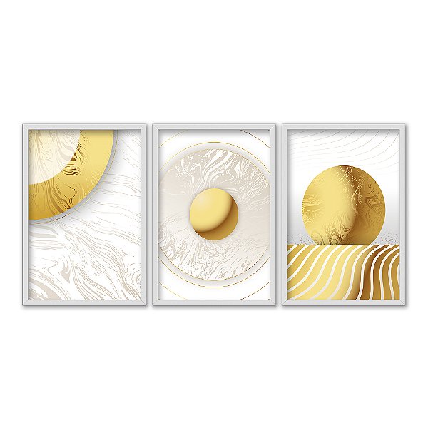 Kit 3 Quadros Decorativos Fundo Branco Textura Cículos Dourados Moderno