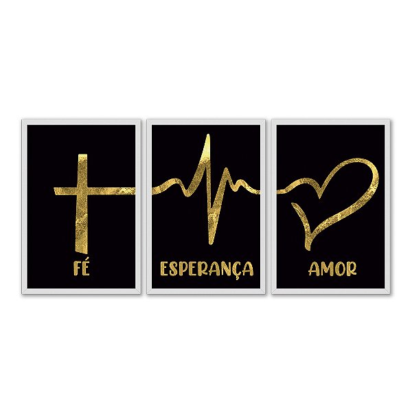 Kit 3 Quadros Decorativos Cruz Coração Religioso Fé Esperança Amor