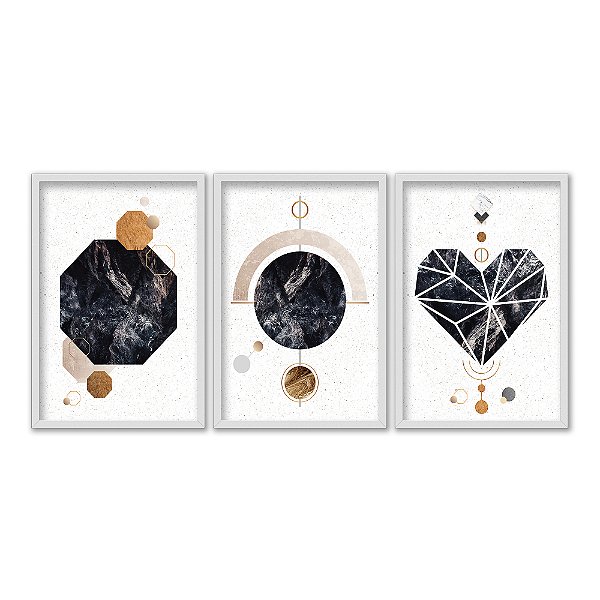 Kit 3 Quadros Decorativos Formas Coração Textura Marmore Fundo Branco Abstrato