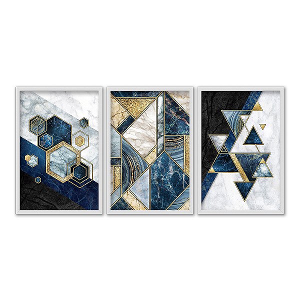 Kit 3 Quadros Decorativos Ladrilho De Mármore Azul E Dourado Com Detalhes Dourados