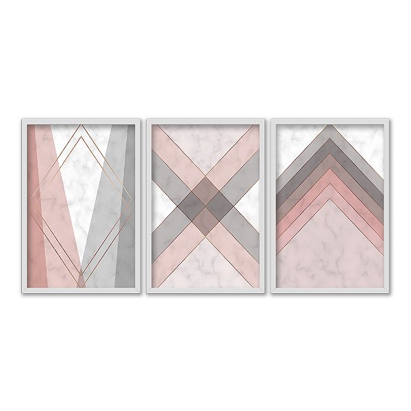 Kit 3 Quadros Decorativos Padrão Ladrilho De Mármore Rosa Branco Cinza