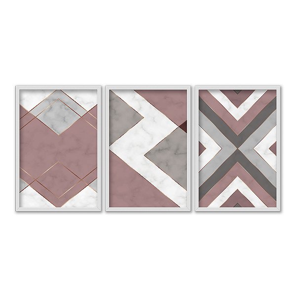Kit 3 Quadros Decorativos Ladrilho Padrão Chevron De Mármore Rosa Branco Cinza