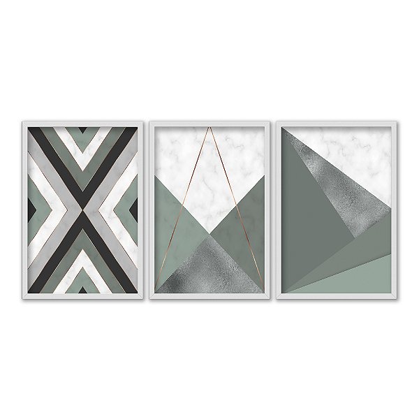 Kit 3 Quadros Decorativos Ladrilho Padrão Chevron De Mármore Preto Branco Cinza