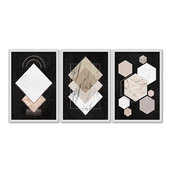 Kit 3 Quadros Decorativos Figuras Geométricas De Mármore Fundo Preto