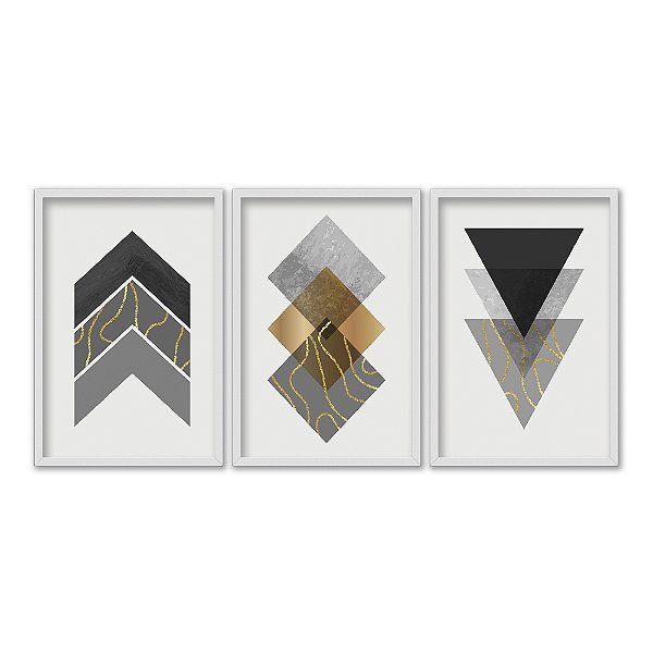 Kit 3 Quadros Decorativos Formas Sobrepostas Texturizadas Fundo Branco Moderno