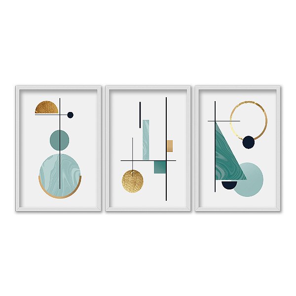 Kit 3 Quadros Decorativos Formas Geométricas Variadas Abstrato Fundo Branco