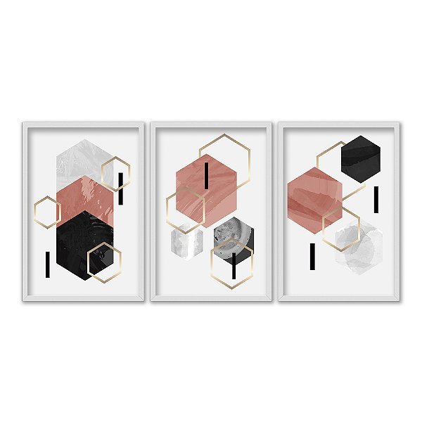 Kit 3 Quadros Decorativos Desenho Geométrico Rosa E Preto Detalhes Dourados