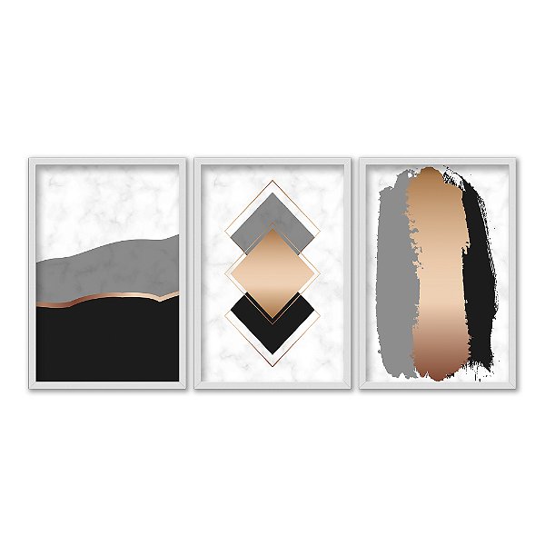 Kit 3 Quadros Decorativos Fundo Mármore Figuras Geométricas Detalhes Dourados