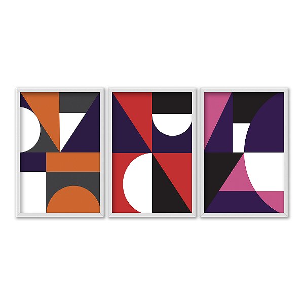 Kit 3 Quadros Decorativos Mosaico Abstrato Colorido Moderno Minimalista Laranja Vermelho Rosa