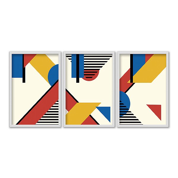 Kit 3 Quadros Decorativos Formas Geométicas Coloridas Fudo Bege Moderno