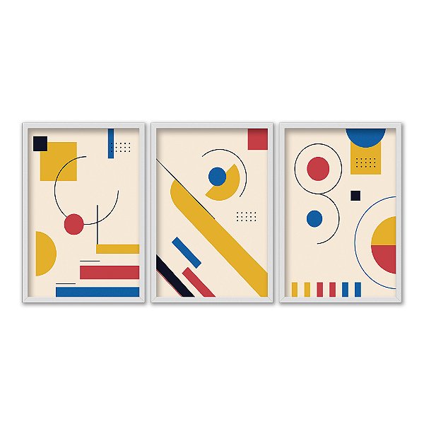 Kit 3 Quadros Decorativos Desenho Figuras Geométricas Coloridas Fundo Bege Moderno