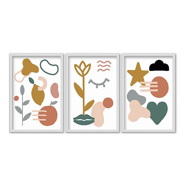 Kit 3 Quadros Decorativos Desenhos Abstrato Boho Plantas Fundo Branco Moderno