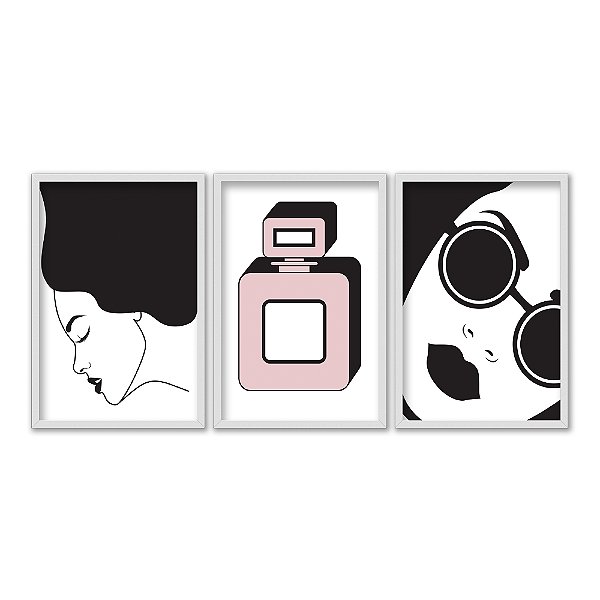 Kit 3 Quadros Decorativos Desenhos Mulher Preto E Branco Máquina Fotográfica Abstrato