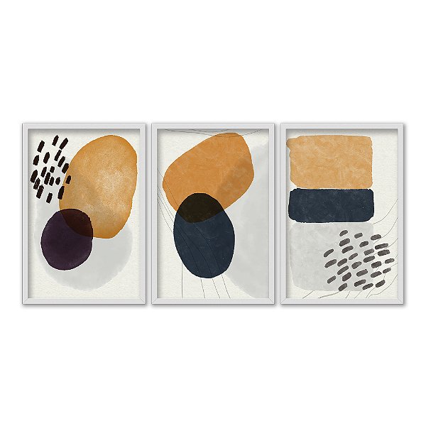 Kit 3 Quadros Decorativos Formas de Tinta Efeito Pintua Amarelo Fundo Cinza