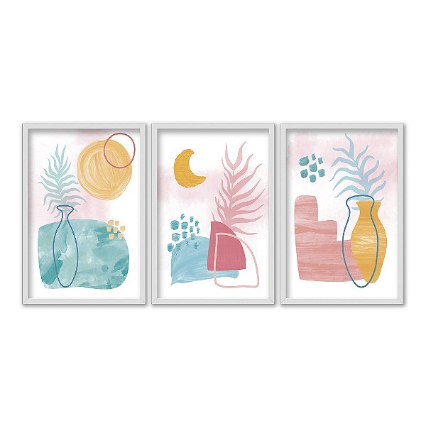 Kit 3 Quadros Decorativos Formas Efeito Aquarela Vasos E Plantas Abstrato