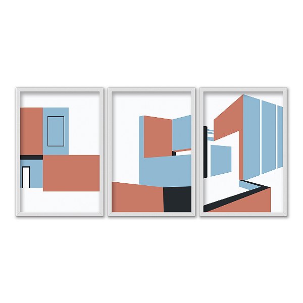Kit 3 Quadros Decorativos Arquitetura Abstrata Laranja Azul