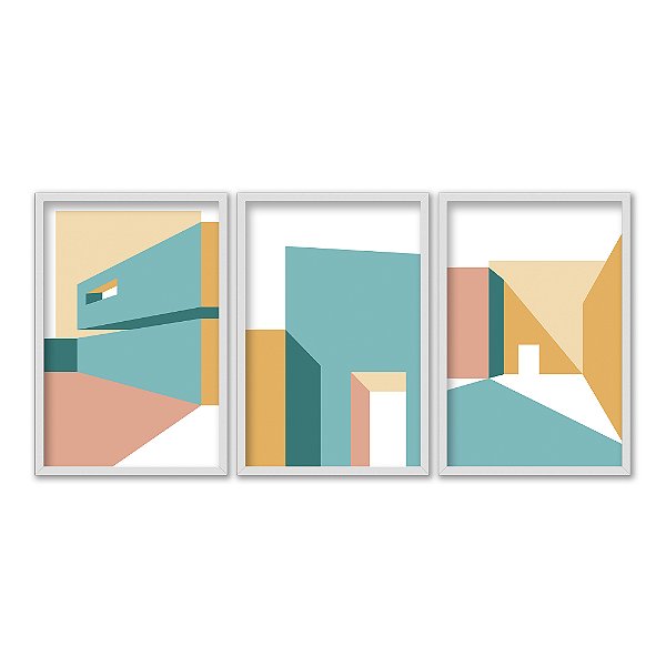 Kit 3 Quadros Decorativos Arquitetura Abstrata Interior Verde Amarelo