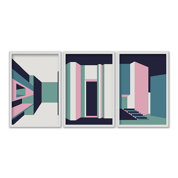 Kit 3 Quadros Decorativos Arquitetura Abstrata Interior Verde Bege Rosa Ciano