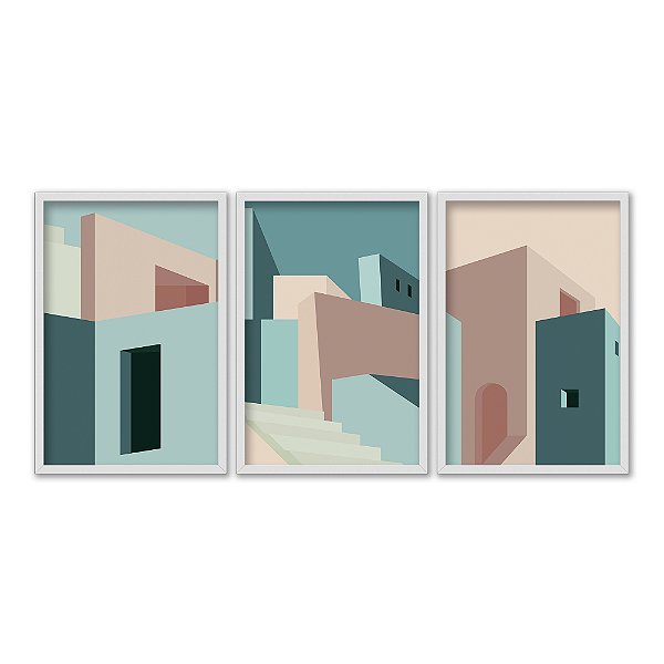 Kit 3 Quadros Decorativos Arquitetura Abstrata Cidade Casas Ciano Bege Rosa