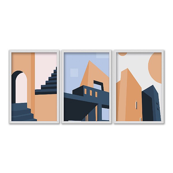 Kit 3 Quadros Decorativos Arquitetura Abstrata Construção Escadas Azul Laranja