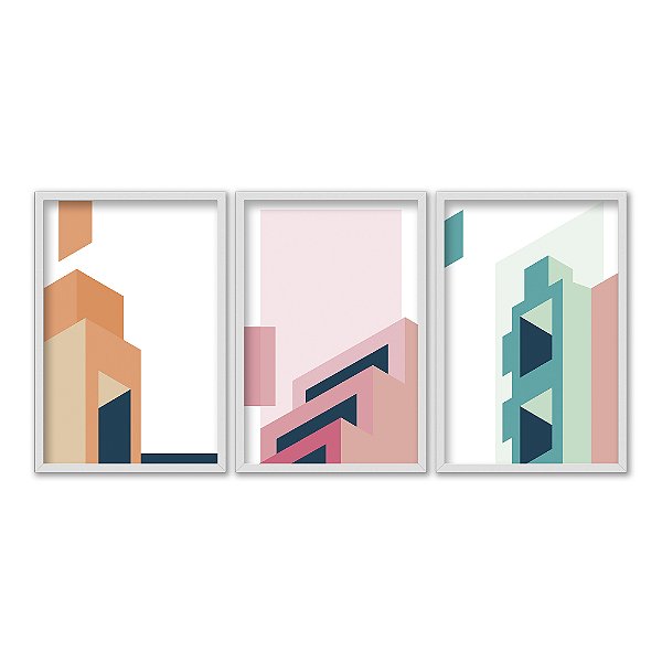 Kit 3 Quadros Decorativos Arquitetura Abstrata Prédios Janelas Verde Laranja Rosa