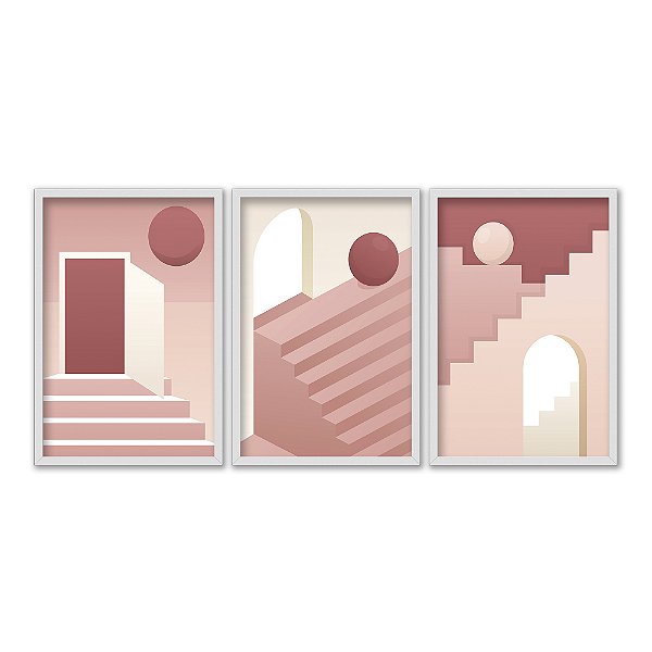 Kit 3 Quadros Decorativos Arquitetura Abstrata Portas Escadas Rosa