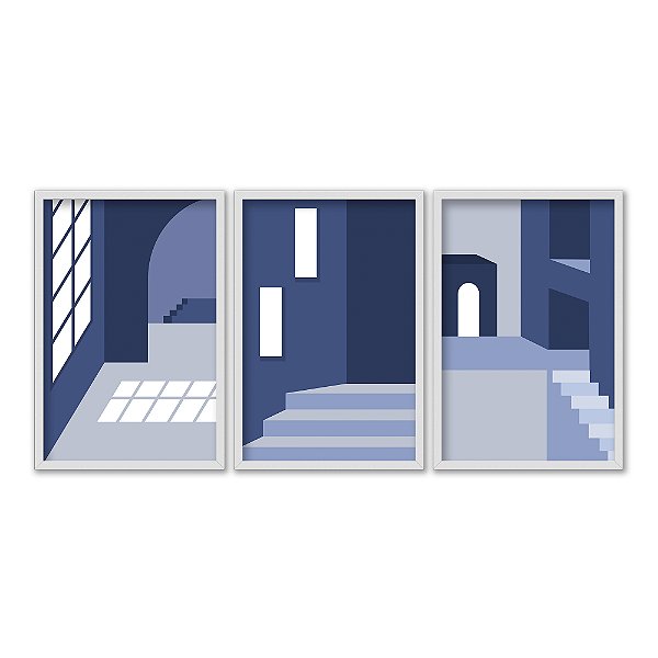 Kit 3 Quadros Decorativos Arquitetura Abstrata Interior Janela Escada Azul
