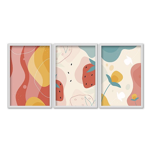 Kit 3 Quadros Decorativos Desenhos Abstratos Frutas Flores Colorido