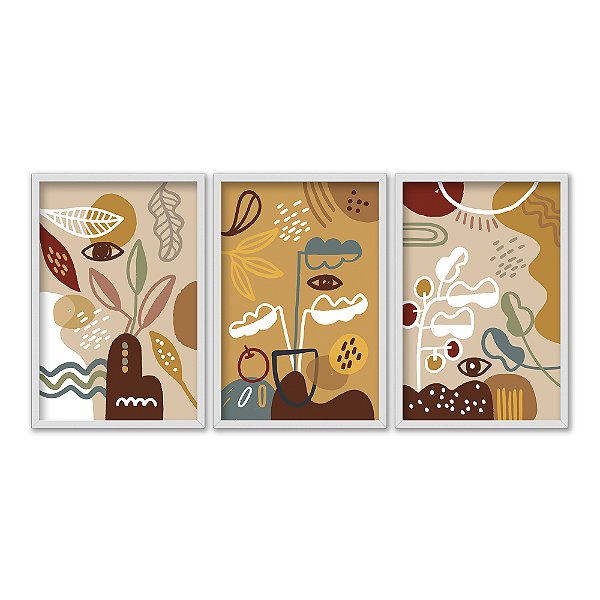 Kit 3 Quadros Decorativos Desenho Abstrato Fundo Amarel Plantas