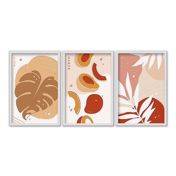 Kit 3 Quadros Decorativos Folhas E Frutras Abstrato Boho