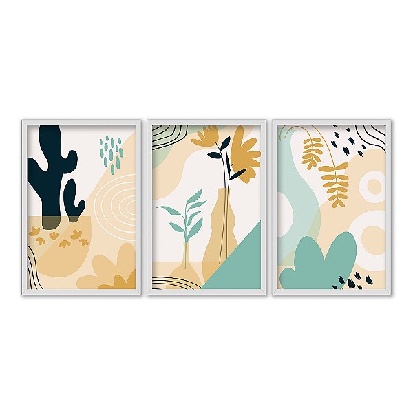 Kit 3 Quadros Decorativos Desenho Simples Abstrato Plantas Em Vasos Turquesa e Amarelo