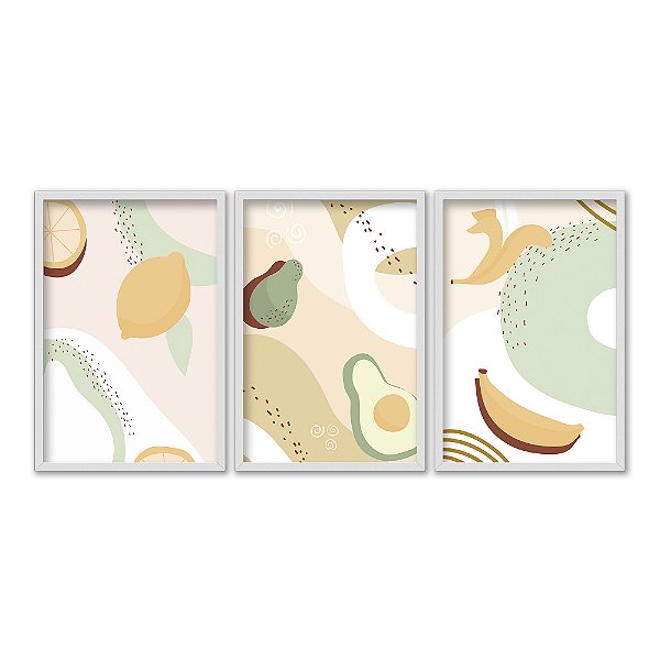 Kit 3 Quadros Decorativos Desenho Abacate E Laranja Listras Verdes e Amarelas