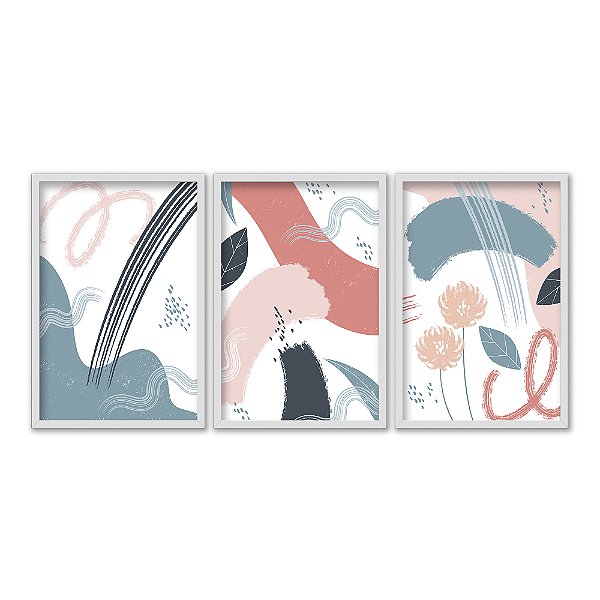 Kit 3 Quadros Decorativos Desenhos Abstratos Flores Linhas Ciano Vermelho