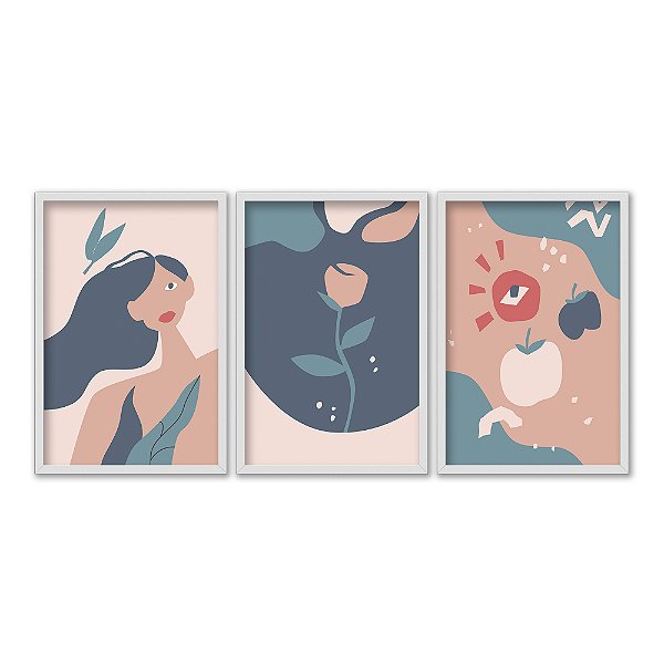 Kit 3 Quadros Decorativos Desenho Abstrato Mulher Flor Olho Ciano Bege