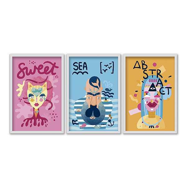 Kit 3 Quadros Decorativos Desenhos Pessoas Abstrataas Rosa Azul Amarelo