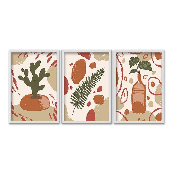 Kit 3 Quadros Decorativos Cacto Plantas Vaso Garrafa Manchas Vermelhas Abstrato