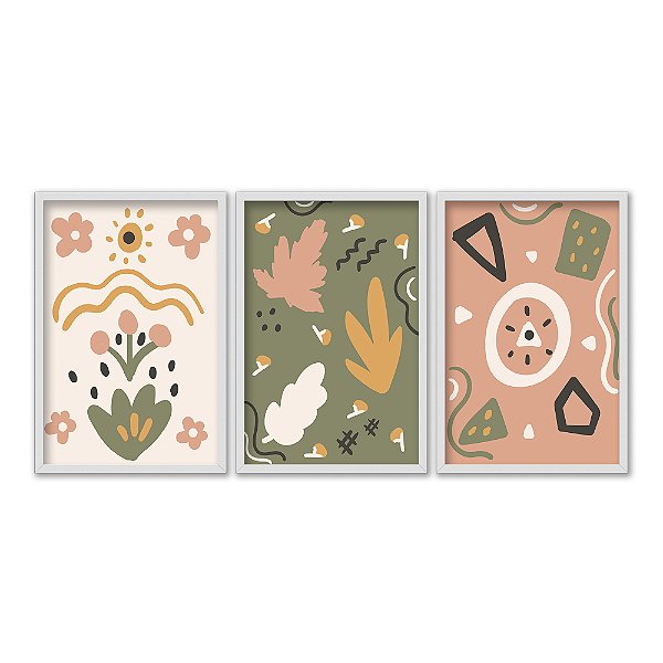 Kit 3 Quadros Decorativos Folhas Flores Verde Rosa Bege Abstrato Formas Geométricas