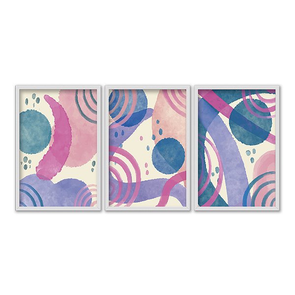 Kit 3 Quadros Decorativos Manchas de Tinta Efeito Aquarela Roxo Lilás Ciano