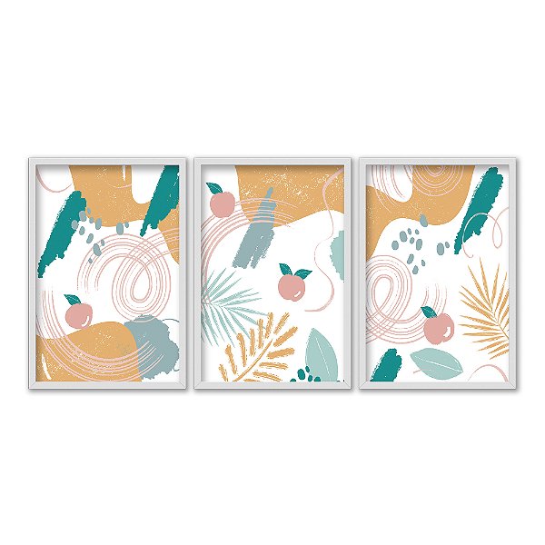 Kit 3 Quadros Decorativos Ondas Amarelas Frutas Listras Plantas Abstrato