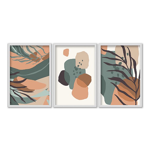 Kit 3 Quadros Decorativos Riacho Pedras Plantas Boho Abstrato