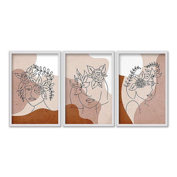 Kit 3 Quadros Decorativos Mulheres Com Flores No Cabelo Fundo Tons de Marrom