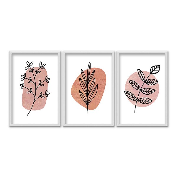 Kit 3 Quadros Decorativos Formas Marrom Desenho Plantas E Folhas