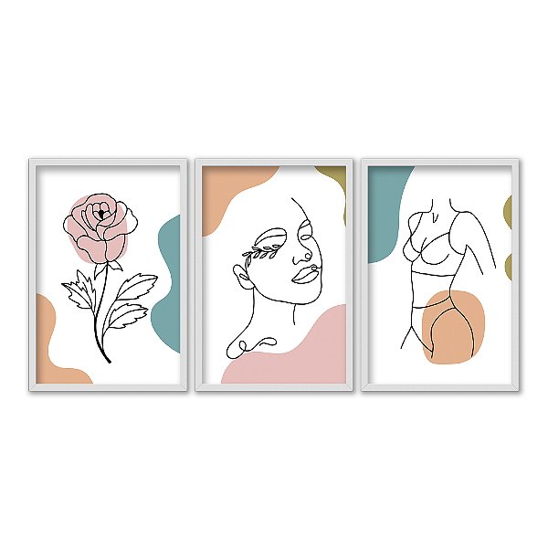 Kit 3 Quadros Decorativos Mulheres Rosa Formas Ciano Laranja