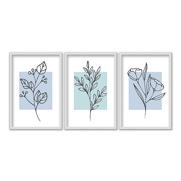 Kit 3 Quadros Decorativos Retângulos Azuis Desenho Galhos E Flores