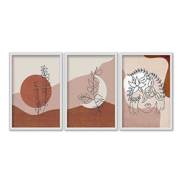 Kit 3 Quadros Decorativos Paisagem Abstrata Boho Plantas Mulher Flores][