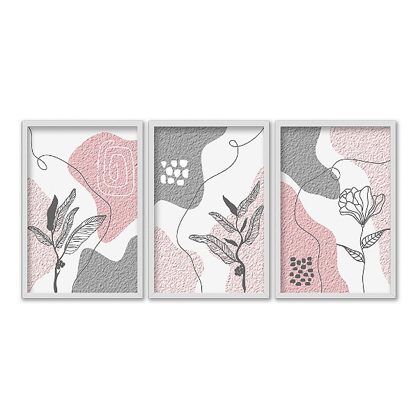 Kit 3 Quadros Decorativos Manchas Texturizadas Rosa e Cinza Plantas Abstrato