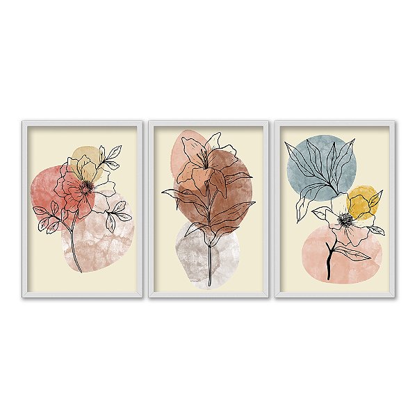 Kit 3 Quadros Decorativos Manchas Texturizadas Boho Plantas Abstrato Fundo Bege